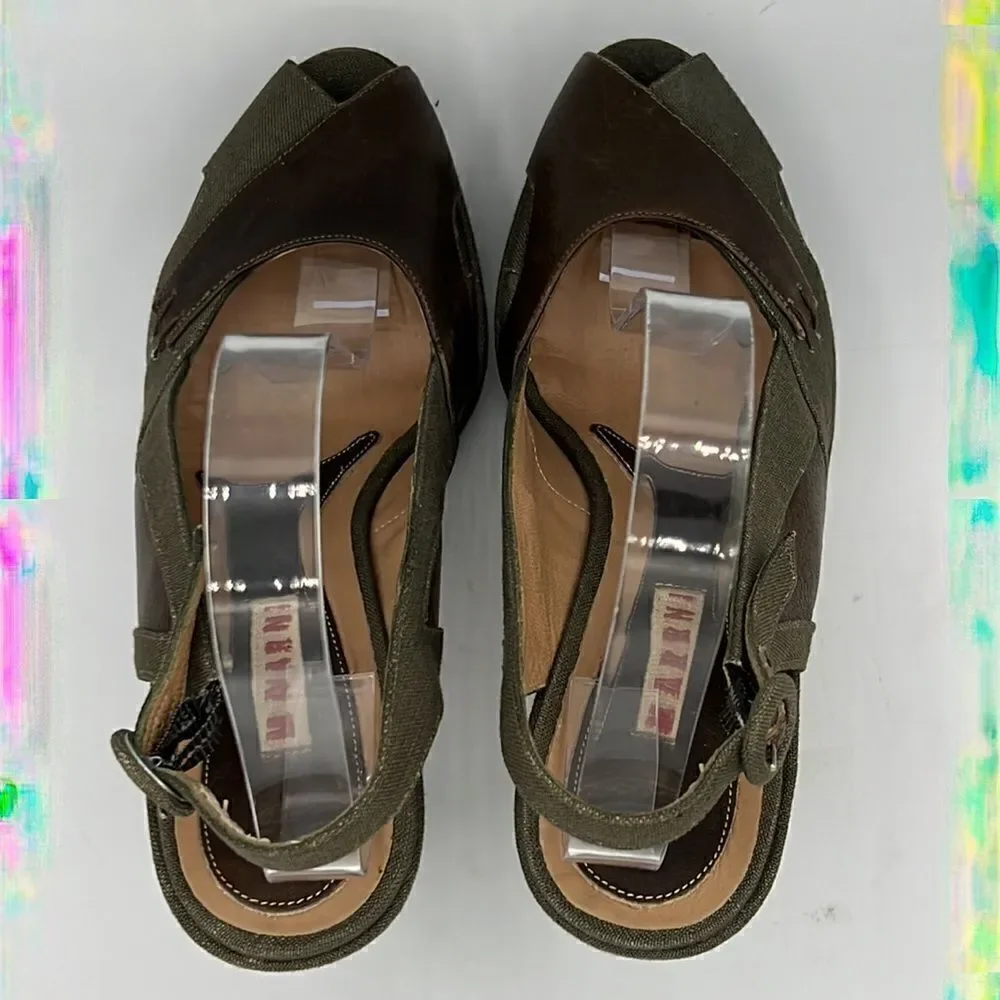 Marni Green Canvas & Brown Leather Peep Toe Slingback Platform Heels EU 40 US 10